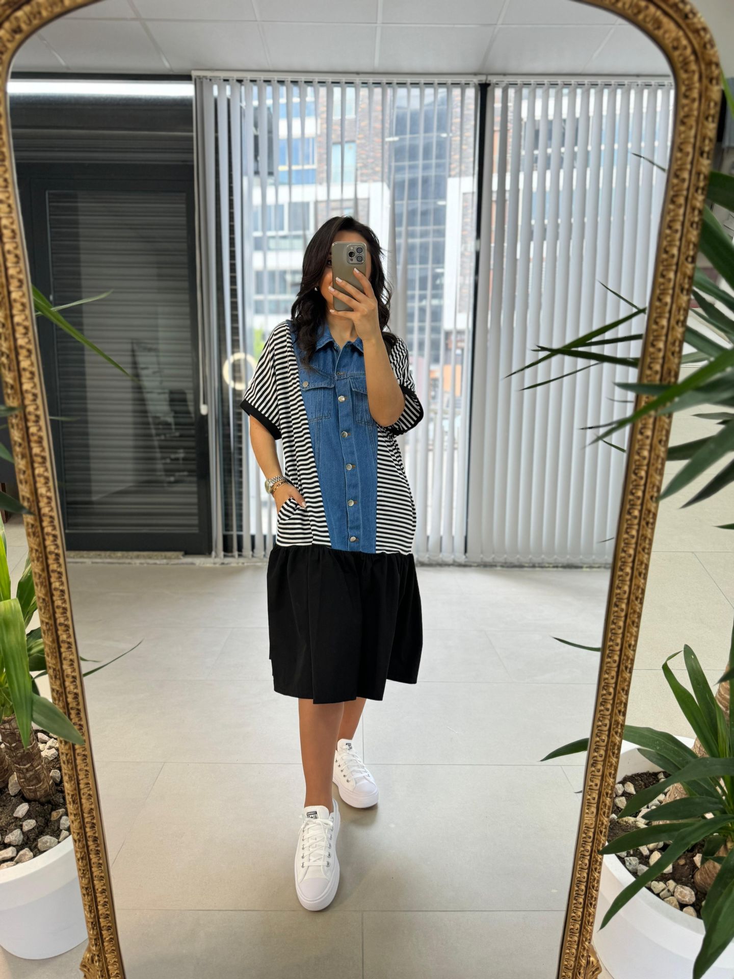 Dr Denim Detaylı Eteği Poplin Elbise