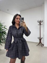 Rn 35546 Gömlek Yaka Belden Kuşaklı Ekoseli Elbise