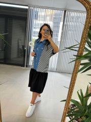 Dr Denim Detaylı Eteği Poplin Elbise