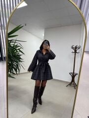 Rn 35546 Gömlek Yaka Belden Kuşaklı Ekoseli Elbise