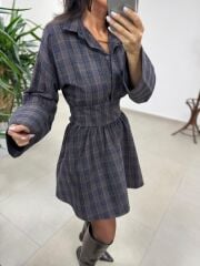 Rn 35546 Gömlek Yaka Belden Kuşaklı Ekoseli Elbise