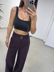 Fl 3663 Yüksel Bel Çift Kemerli Mürdüm Pantolon