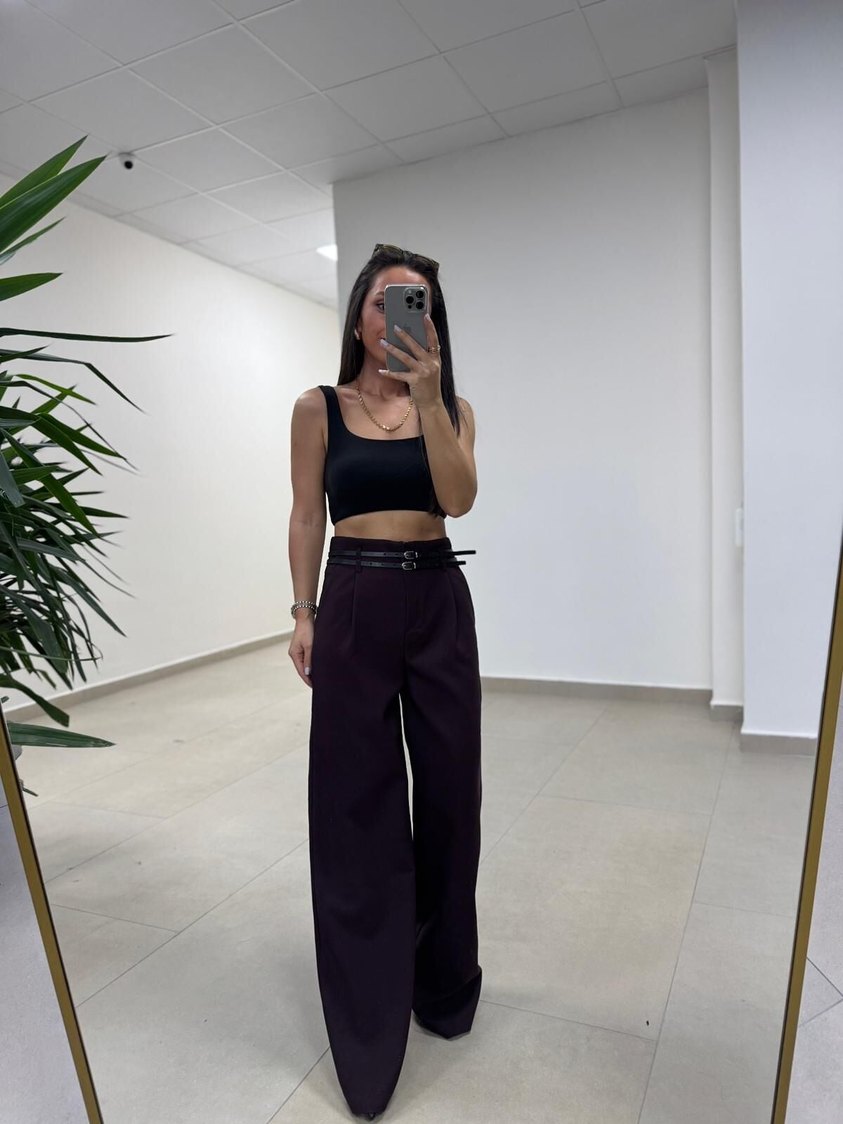 Fl 3663 Yüksel Bel Çift Kemerli Mürdüm Pantolon