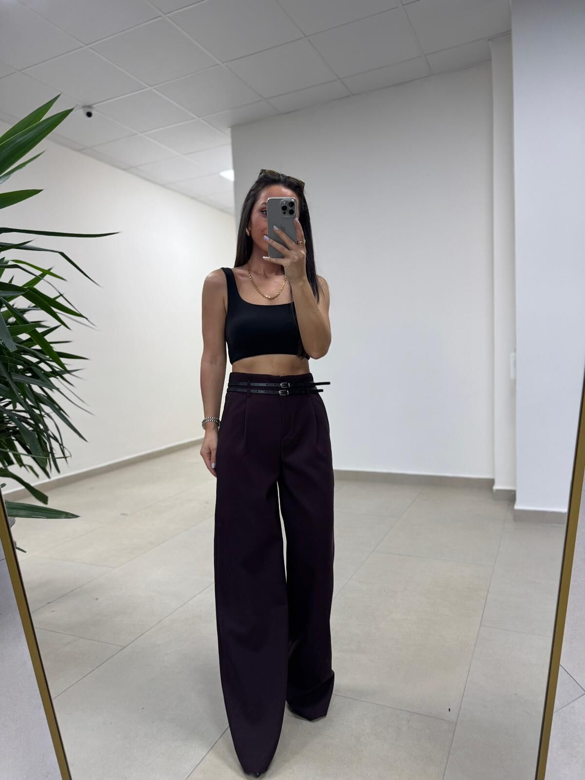 Fl 3663 Yüksel Bel Çift Kemerli Mürdüm Pantolon