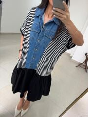 Dr 2573 Denim Detaylı Eteği Poplin Elbise