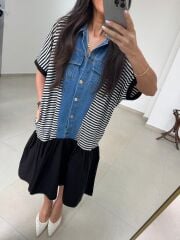 Dr 2573 Denim Detaylı Eteği Poplin Elbise