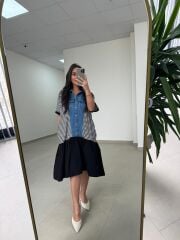 Dr 2573 Denim Detaylı Eteği Poplin Elbise