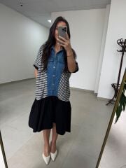 Dr 2573 Denim Detaylı Eteği Poplin Elbise