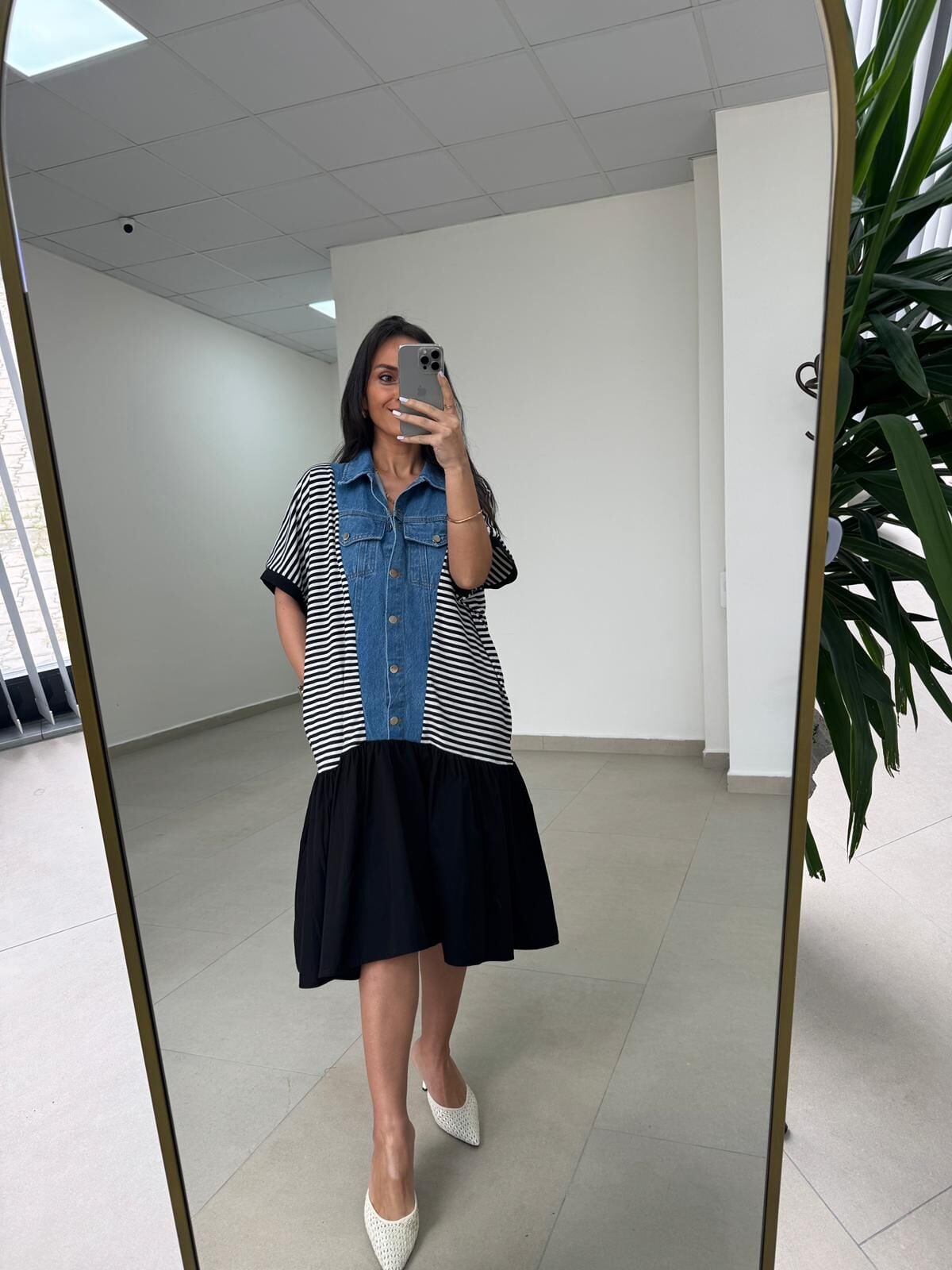 Dr 2573 Denim Detaylı Eteği Poplin Elbise