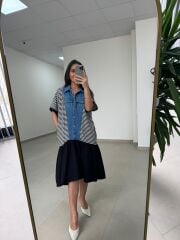 Dr 2573 Denim Detaylı Eteği Poplin Elbise