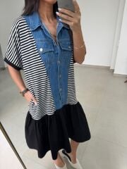 Dr 2573 Denim Detaylı Eteği Poplin Elbise