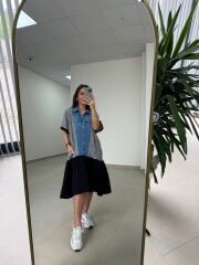 Dr 2573 Denim Detaylı Eteği Poplin Elbise