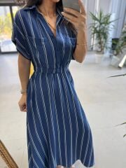 Nx 4801 Laci-Beyaz Çizgili Gömlek Yaka Elbise