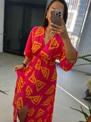 My 3154 Pembe Sarı Üçgen Elbise