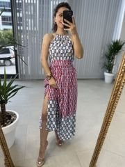 My 3217 Halter yaka kırmızı laci geçişli viskon elbise