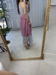 My 3217 Halter yaka kırmızı laci geçişli viskon elbise