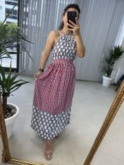 My 3217 Halter yaka kırmızı laci geçişli viskon elbise