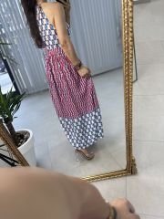 My 3217 Halter yaka kırmızı laci geçişli viskon elbise