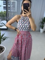 My 3217 Halter yaka kırmızı laci geçişli viskon elbise