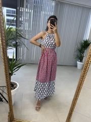 My 3217 Halter yaka kırmızı laci geçişli viskon elbise