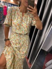Turuncu çiçekli maxi boy elbise