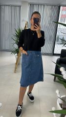 Dr 2491 Eteği Denimli Siyah Sweat Elbise