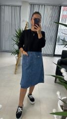 Dr 2491 Eteği Denimli Siyah Sweat Elbise