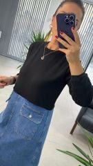 Dr 2491 Eteği Denimli Siyah Sweat Elbise