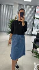Dr 2491 Eteği Denimli Siyah Sweat Elbise