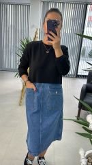 Dr 2491 Eteği Denimli Siyah Sweat Elbise