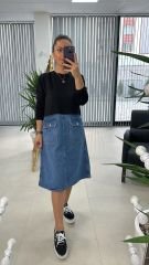 Dr 2491 Eteği Denimli Siyah Sweat Elbise
