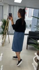 Dr 2491 Eteği Denimli Siyah Sweat Elbise