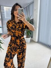 Cr 1189 Siyah-Sarı Belden Büzgülü Tulum