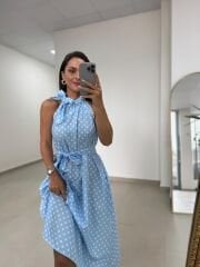 Ms 92 Mavi-Beyaz Puantiyeli Boyun Bağlamalı Kuşaklı Midi Elbise