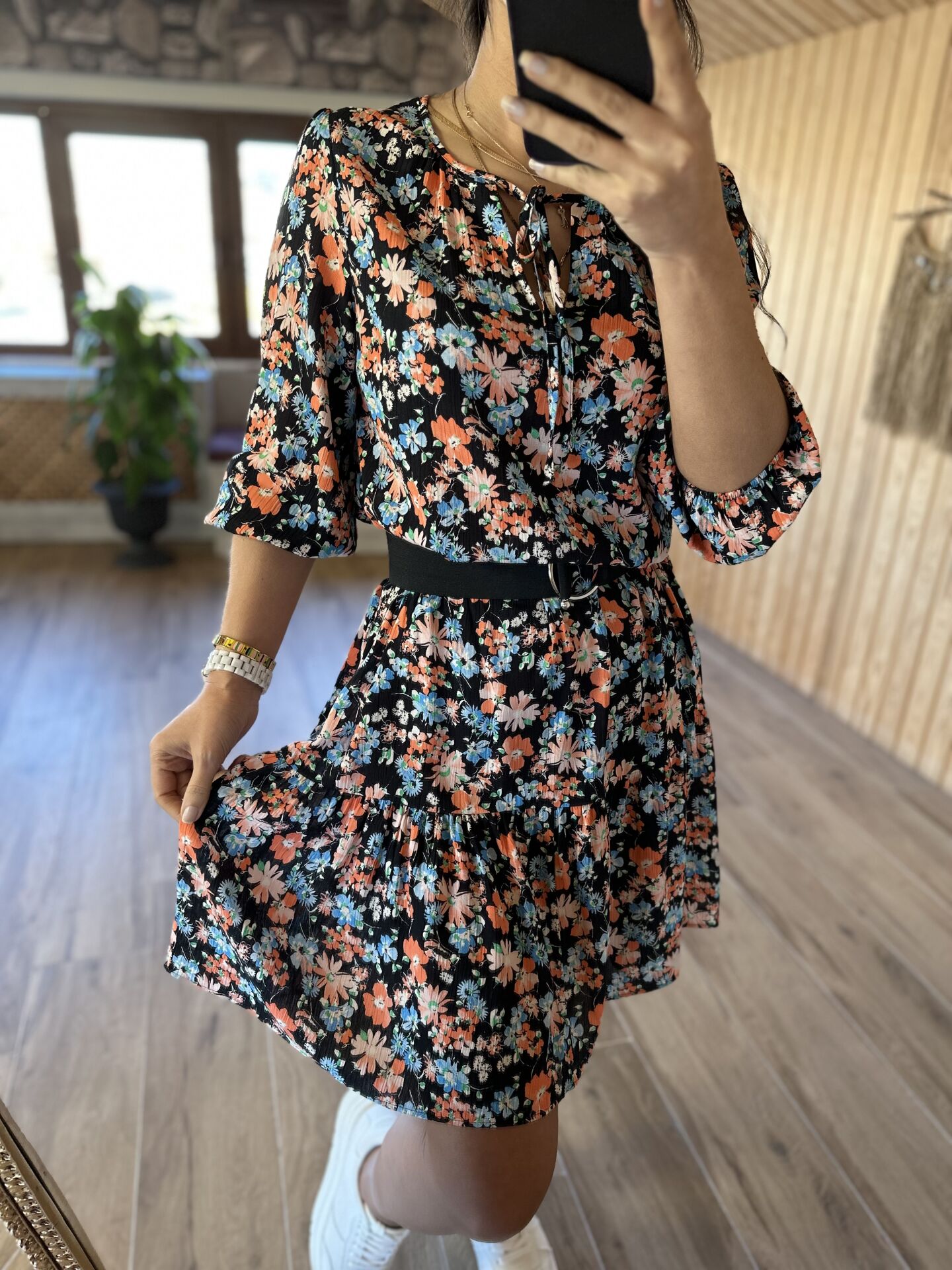 Floral morocco dress with tie collar