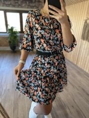 Floral morocco dress with tie collar