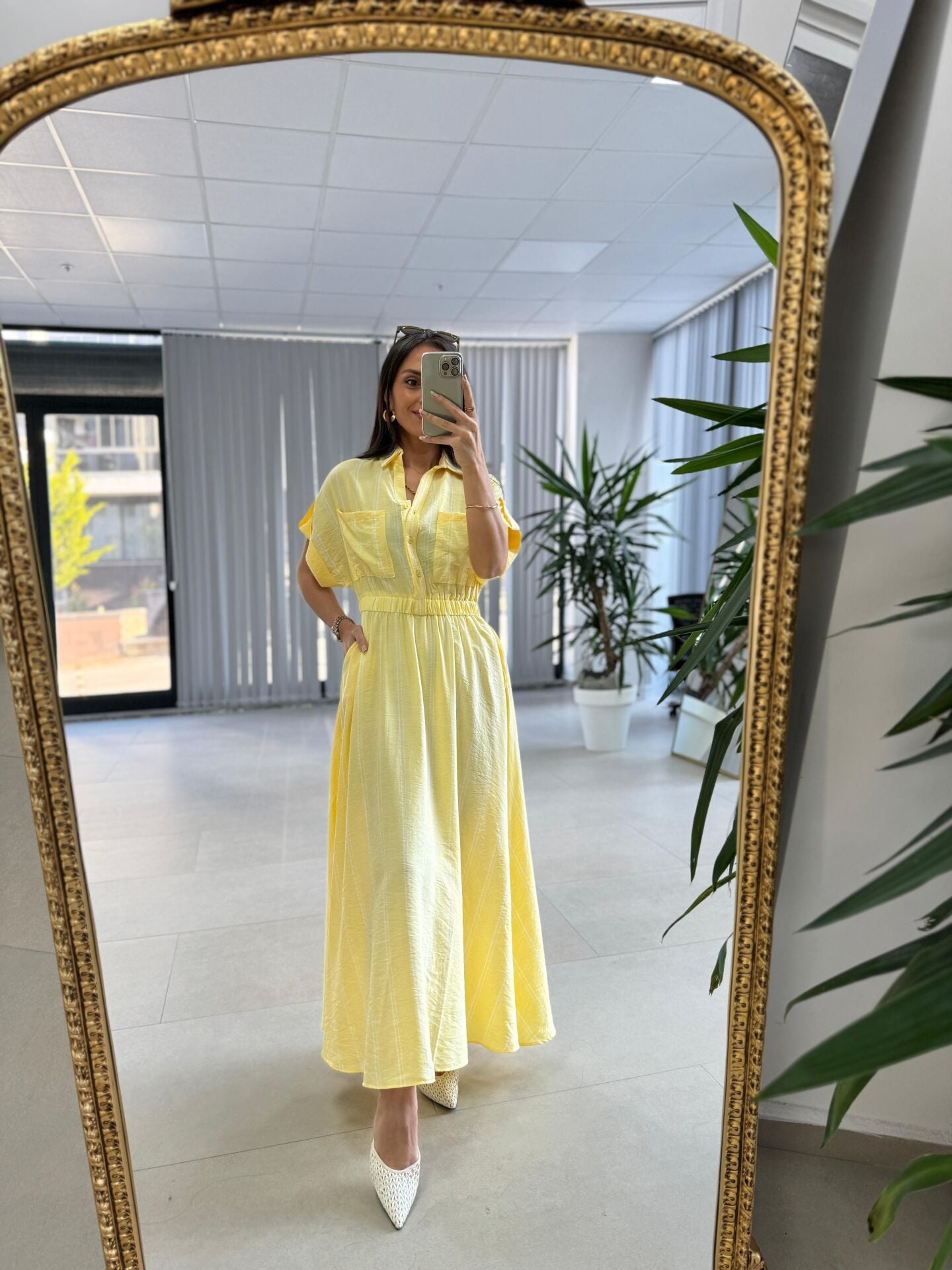 Nx 4801 Sarı-Beyaz Çizgili Gömlek Yaka Elbise