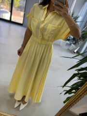 Nx 4801 Sarı-Beyaz Çizgili Gömlek Yaka Elbise