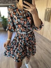 Floral morocco dress with tie collar