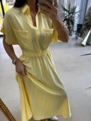 Nx 4801 Sarı-Beyaz Çizgili Gömlek Yaka Elbise