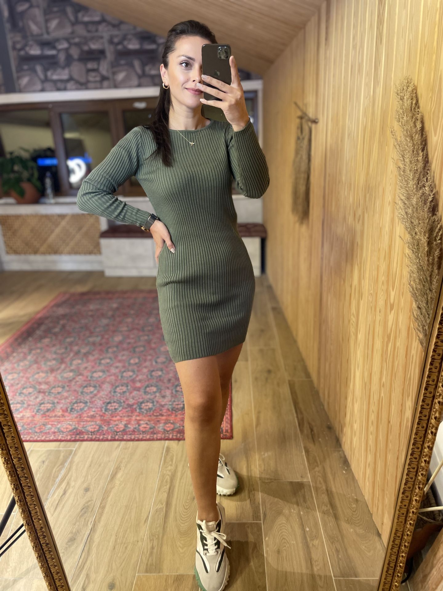 Ribbed khaki knit dress