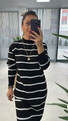 Siyah Çizgili Bisiklet Yaka Triko elbise