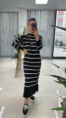 Siyah Çizgili Bisiklet Yaka Triko elbise