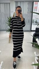 Siyah Çizgili Bisiklet Yaka Triko elbise