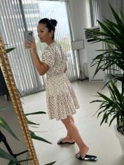 Orj. Bej Puantiyeli Saten Elbise