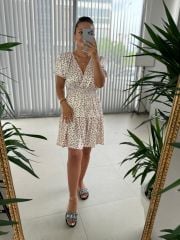 Orj. Bej Puantiyeli Saten Elbise