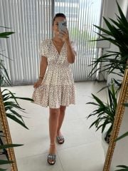 Orj. Bej Puantiyeli Saten Elbise