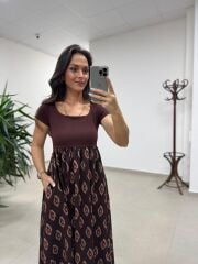 Ms 243 Kare Yaka Kahve Desenli Kısa Kol Elbise