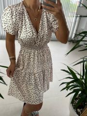 Orj. Bej Puantiyeli Saten Elbise