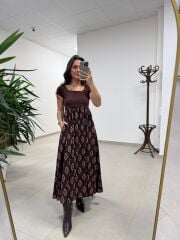 Ms 243 Kare Yaka Kahve Desenli Kısa Kol Elbise